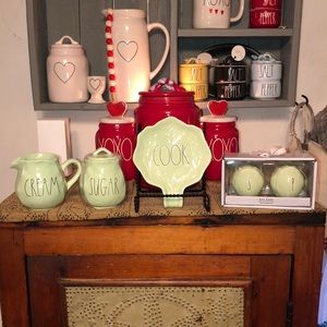 Rae Dunn CREAM & SUGAR/COOK Spoon Rest/Salt & Pepper Shakers (Cabbage)